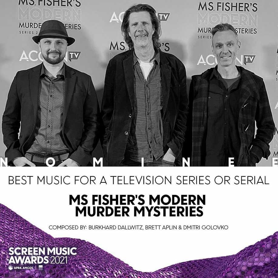 APRA Screen Music Award Nomination for Ms Fisher's Modern Murder Mysteries - composers Burkhard Dallwitz, Brett Aplin & Dmitri Golovko
